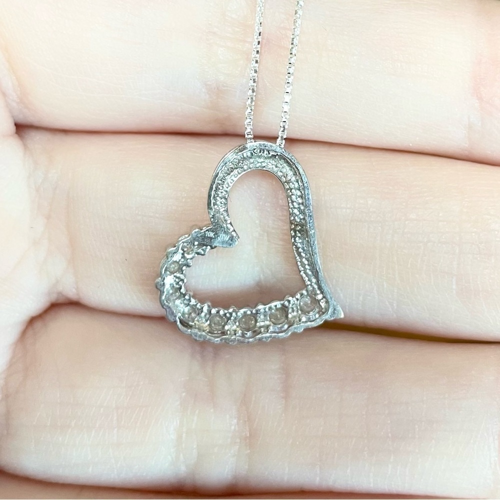 10k Diamond open heart half eternity paved solid white gold light pendant - Picture 5 of 9